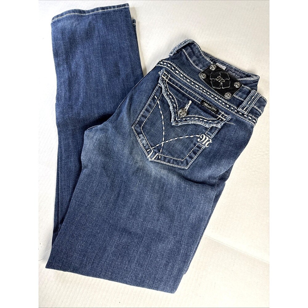 Miss Me JP5061SKL Skinny Denim Blue Jeans Sz 32 Designer Flap Pocket Thick Stit